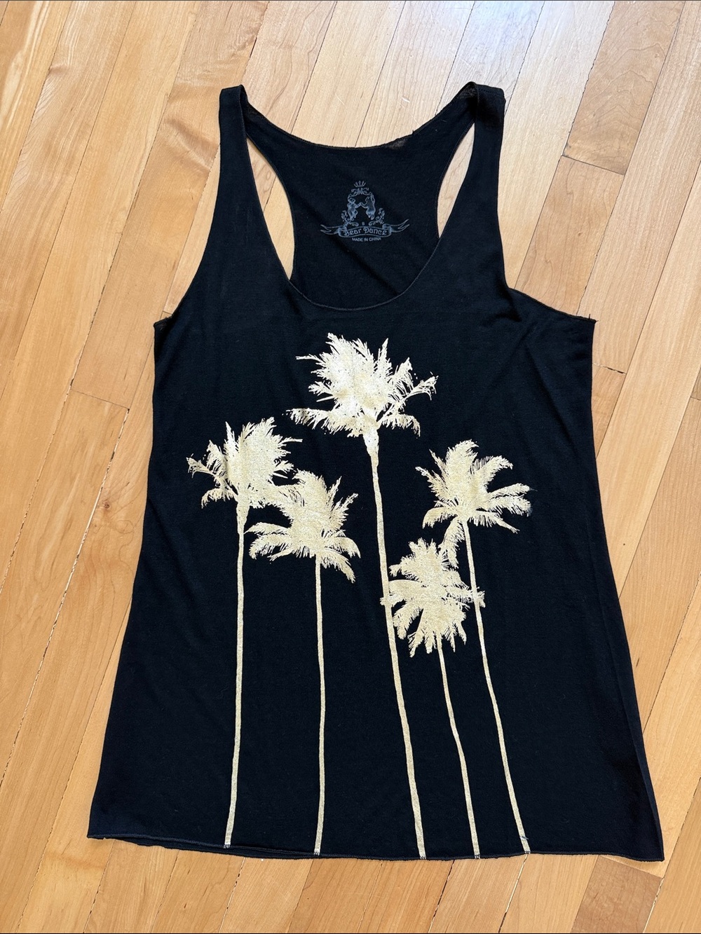 Bear Dance Black Tank with Gold Metallic Palm Trees Size Small